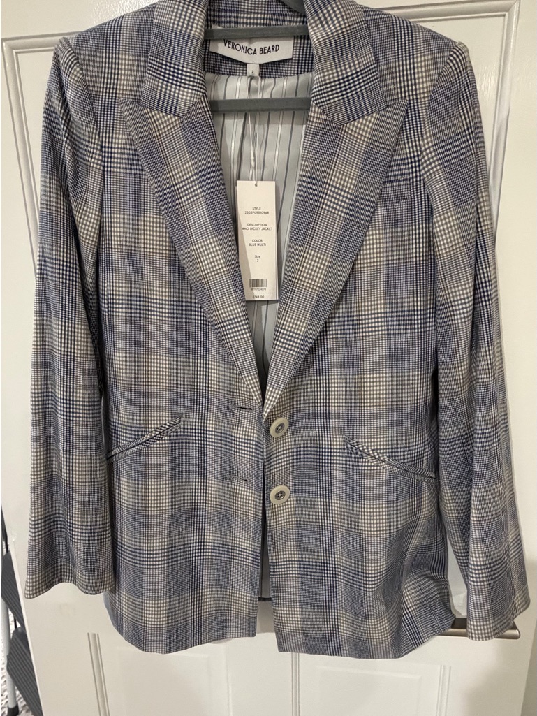 Veronica Beard Blue And Cream Plaid Tailored Blazer